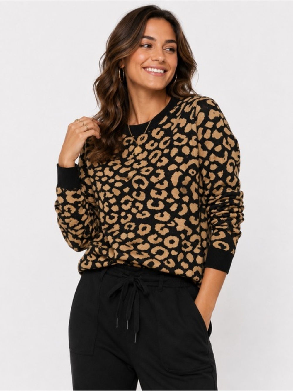 POPSUGAR Leopard Print Crewneck Sweater XL Brown Black Animal Print Pullover